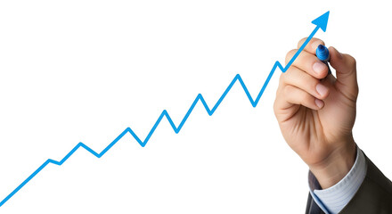 Hand Drawing Growth Graph PNG, Upward Trending Blue Line Chart Transparent Background, Business Hand with Marker Clipart, Positive Trend Line Mockup, Light Skin Hand Drawing Financial Graph Isolated
