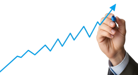Hand Drawing Growth Graph PNG, Upward Trending Blue Line Chart Transparent Background, Business Hand with Marker Clipart, Positive Trend Line Mockup, Light Skin Hand Drawing Financial Graph Isolated