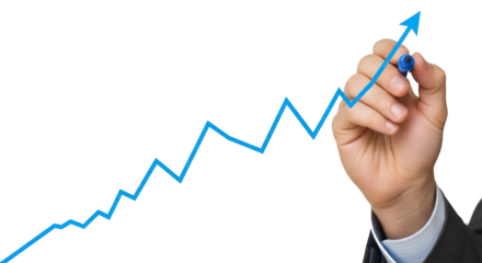 Hand Drawing Growth Graph PNG, Upward Trending Blue Line Chart Transparent Background, Business Hand with Marker Clipart, Positive Trend Line Mockup, Light Skin Hand Drawing Financial Graph Isolated