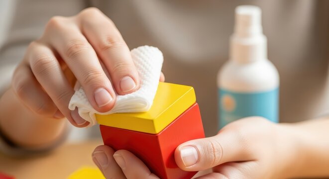 Hands cleaning red and yellow wooden toy block with cloth and spray bottle