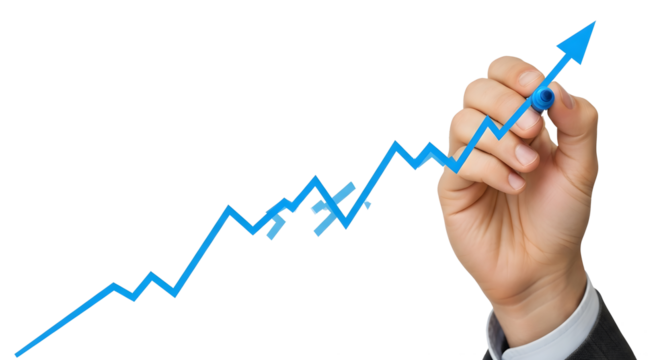 Hand Drawing Growth Graph PNG, Upward Trending Blue Line Chart Transparent Background, Business Hand with Marker Clipart, Positive Trend Line Mockup, Light Skin Hand Drawing Financial Graph Isolated