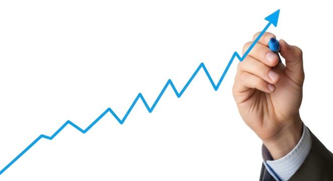 Hand Drawing Growth Graph PNG, Upward Trending Blue Line Chart Transparent Background, Business Hand with Marker Clipart, Positive Trend Line Mockup, Light Skin Hand Drawing Financial Graph Isolated - Powered by Adobe