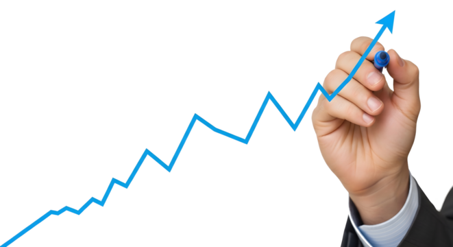 Hand Drawing Growth Graph PNG, Upward Trending Blue Line Chart Transparent Background, Business Hand with Marker Clipart, Positive Trend Line Mockup, Light Skin Hand Drawing Financial Graph Isolated