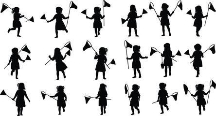 Child with butterfly net, playful silhouette poses, outdoor activity motion, insect catching gesture, summer fun scene, flat vector illustration