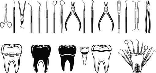 Dental instruments, oral care tools, tooth anatomy, braces, implant, crown, healthy teeth, decayed tooth, dental hygiene, flat vector illustration