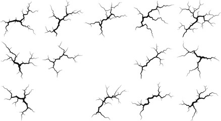 Crack pattern collection, surface fracture design, broken texture, jagged split, damage effect, realistic crack lines, flat vector illustration