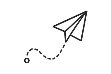Paper airplane line icon illustrating sending message, email, travel, or delivering information with dashed path