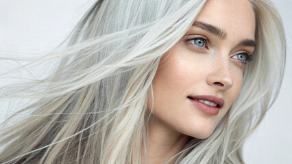 Naklejka premium Close-up fashion beauty portrait of a smiling ash white woman with long hair and sensual lips looking at the camera