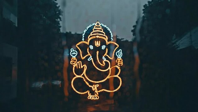 Neon Ganesha Outline with City Rain Backdrop