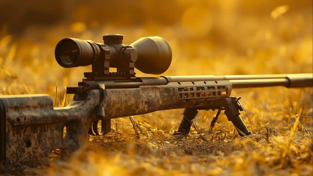 Close Up View of Sniper Rifle With Scope on Field