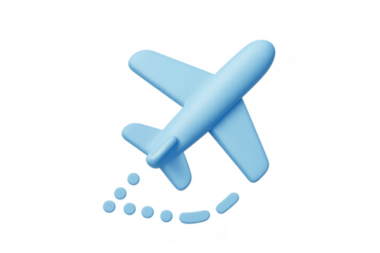 Blue passenger airplane flying, indicating a travel route path or flight destination icon on transparent background