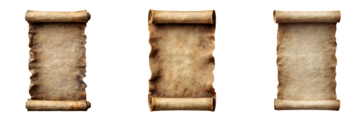 Set of vertical parchment scroll, antique paper texture, isolated on transparent background