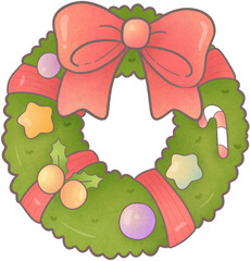 Christmas wreath decorated with red ribbons and other ornaments