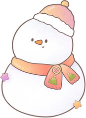 The cute snowman wearing the santa hat and 
winter scarf.