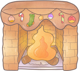 Flames blazing in the fireplace.