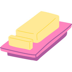 A Rectangular Block of Yellow Butter Sits on a Pink Butter Dish with a Small Slice Cut Off and Isolated on a White Background