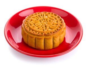 Close-up view of a baked, detailed cake on a vibrant red plate