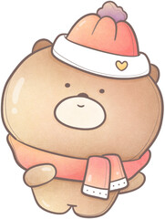 The cute bear wearing a santa hat and winter scarf,