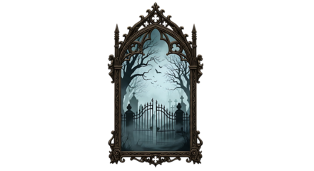 Ornate gothic mirror with ethereal forest reflection isolated on transparent background