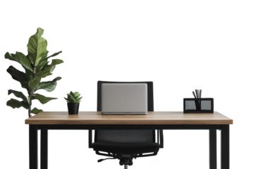 Modern office desk with plants and laptop isolated on a transparent background
