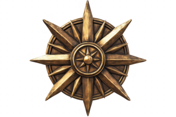 Ornate bronze compass starburst isolated on a transparent background