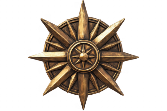Ornate bronze compass starburst isolated on a transparent background