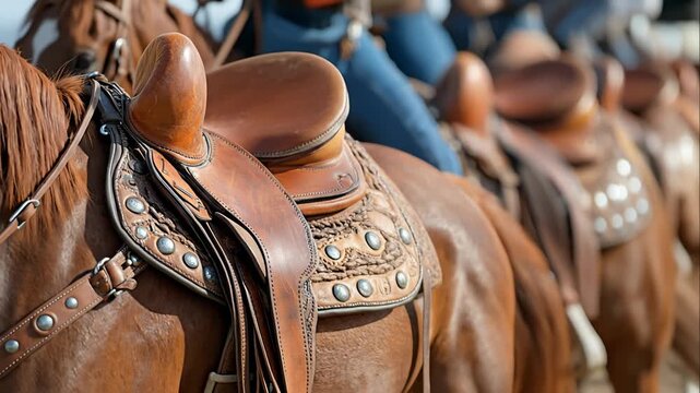 Horseback Riders Saddle Up Along a Row, Ready to Ride
