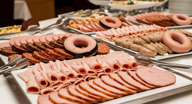 Assortment of Gourmet Cold Cuts and Deli Meats on White Platters at a Buffet Spread