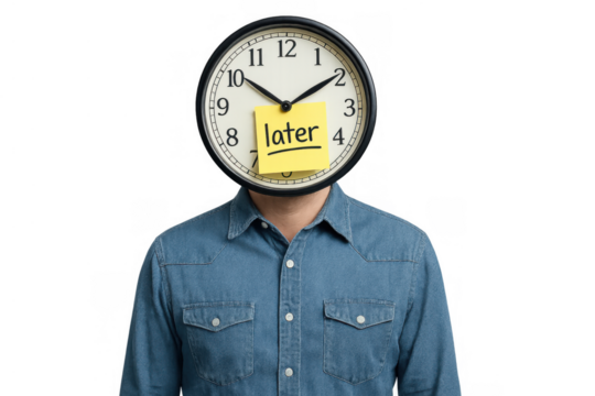 Person delaying task with clock face head saying later, procrastinating on time management, transparent background