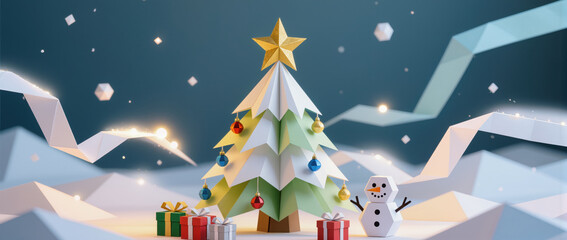 Joyful origami Christmas tree with gold star and paper snowman in magical winter papercraft holiday scene