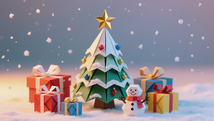 Joyful origami Christmas tree with snowman and gifts in falling snow. festive, magical holiday papercraft scene