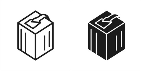 Icon of a box with an arrow pointing into it, isometric view of the box