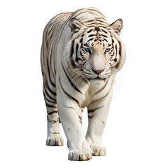 Obraz premium Majestic white tiger walking forward in side view, powerful body, realistic detail, isolated on white background, perfect for wildlife and nature concepts.