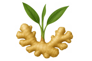 Fresh ginger root with green leaves sprouting, a healthy natural ingredient for food and herbal medicine