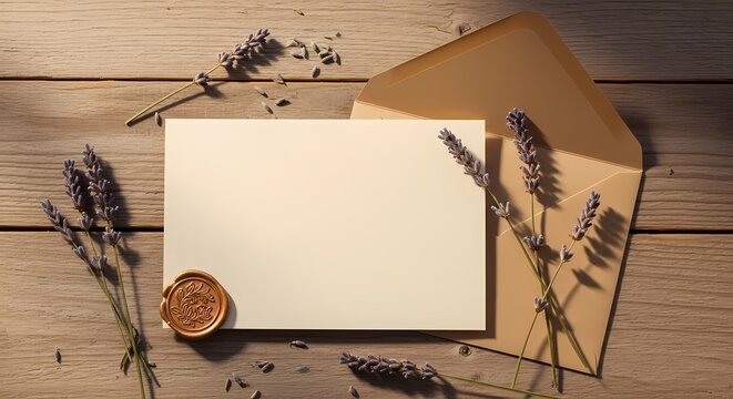 Elegant Blank Cream Card with Dried Lavender and Wax Seal on Rustic Wooden Table Top Down View