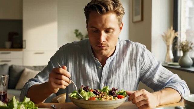 Smiling man enjoying a healthy chickpea salad in bright kitchen
