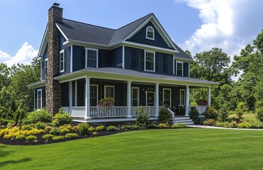 Modern colonial-style blue house with stone chimney, white trim, front porch, and beautiful garden landscaping on a sunny day created with AI