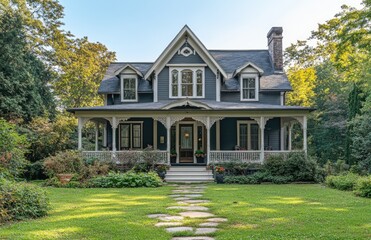 Elegant Victorian-style heritage home with detailed wood trim, classic gables, front porch, and lush garden surrounded by trees created with AI