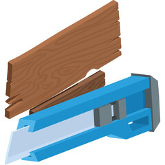 Close-up Of A Blue Utility Knife Cutting Through A Piece Of Wooden Plank With A Transparent Background