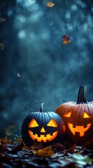 Naklejka premium Lit Jack O Lanterns Glowing Softly in Dark Halloween Scene