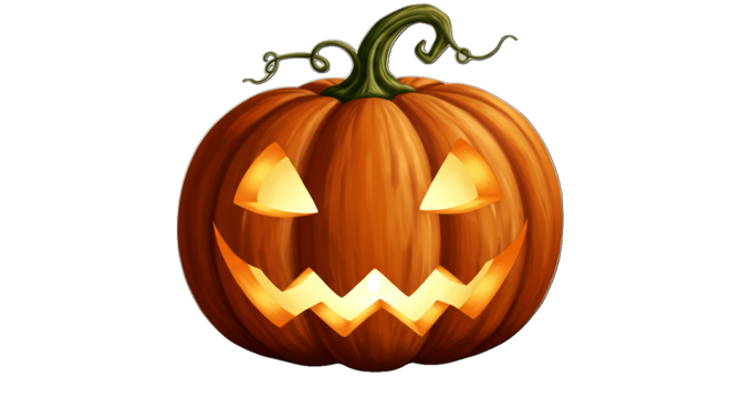 Glowing Jack O Lantern Pumpkin with Carved Face and Stem on Black Background