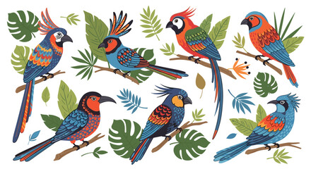 Naklejka premium Colorful parrots and tropical foliage create a vibrant jungle scene.