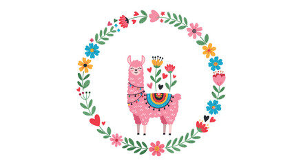 Naklejka premium Cute pink llama surrounded by a floral wreath and colorful flowers.