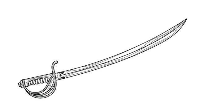 Detailed black and white line drawing of a curved saber sword with a basket hilt.