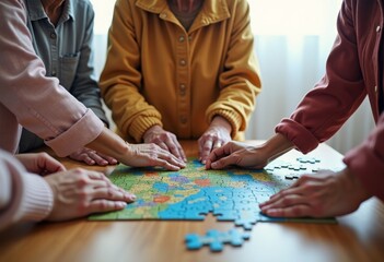 Seniors and volunteers build puzzle, Community members assemble holiday jigsaw puzzle together, Warmly dressed seniors and volunteers cooperatively assemble colorful holiday puzzle pieces