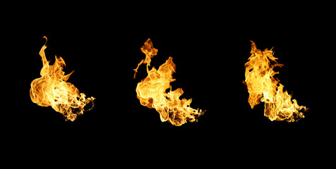Set of three bright orange flames isolated on black background, representing heat, power, energy, and burning effect. Perfect for fire design, motion graphics, or abstract backgrounds.