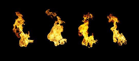 Collection of four bright orange flames isolated on black background, symbolizing heat, energy,...