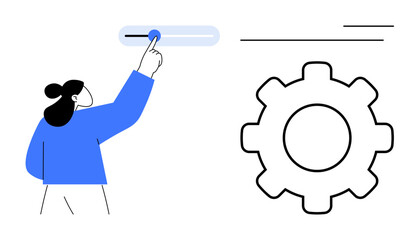 User interacting with a slider control alongside a large gear, symbolizing configuration, personalization, optimization, and system adjustments. Ideal for technology, control, UI, UX settings