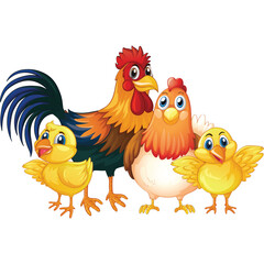 A Roosteer Hen and Two Chicks Stand Together in a Farm Scene With a Bright Colorful Illustration Style
