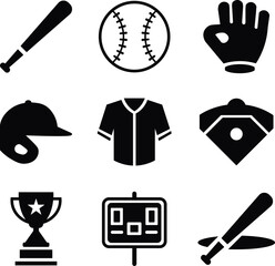 Baseball vector icons set with bat, ball, glove, cap, helmet, jersey, field, trophy, base, and scoreboard in minimal clean silhouette design 